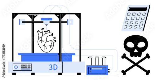 3D printer crafting a human heart alongside calculator, chemicals in test tubes, and hazard icon suggesting both potential and risk of technology in science. Ideal for innovation, health tech