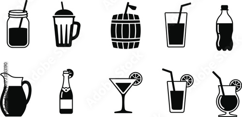 Drink icons set, mason jar, smoothie cup, soda bottle, cocktail glass, champagne bottle, pitcher, martini, tropical beverage illustration