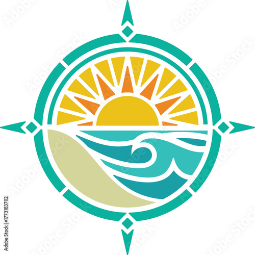 Sunset Scene in a Circel with Compass Rose