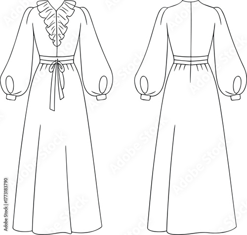 Long sleeve ruffle V neck dress fashion flat, technical garment illustration, waist sash belt, voluminous sleeve design, floor length construction drawing