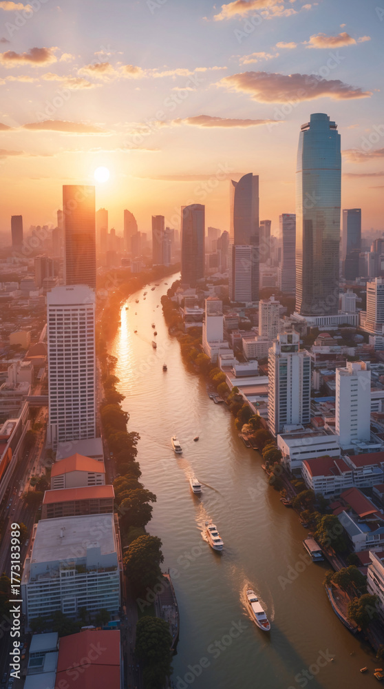 Fototapeta premium This gorgeous city sunset showcases tall reflective buildings along the river glowing beneath a rich blueish orange sky in warm ambience birdview landscape aesthetic photo