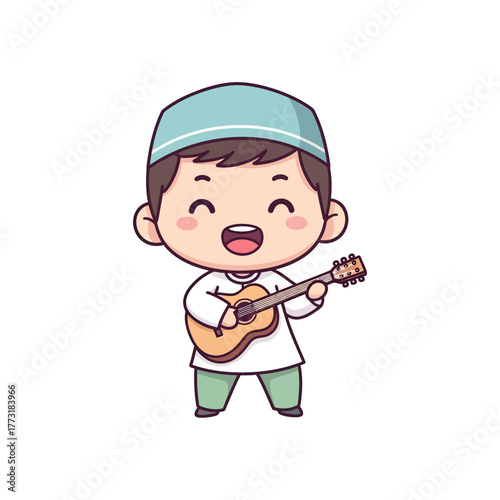 Chibi Muslim Boy Joyfully Playing Acoustic Guitar - Happy Cartoon Character Illustration