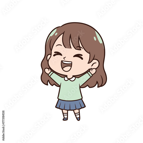 A happy cartoon girl with brown hair and a green shirt.