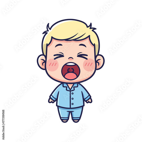 Cute blonde boy yawning in blue pajamas. Adorable tired child character, morning routine illustration, sleepy kid, bedtime concept.