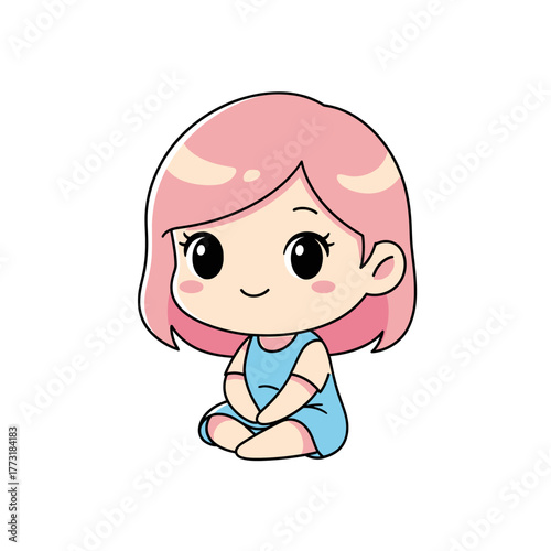 Cute Chibi Girl with Pink Hair and Blue Dress Sitting and Smiling - Vector Illustration