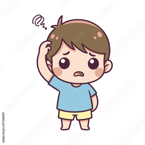 Cute cartoon boy scratching head, confused and puzzled with question mark. Doubtful child character.