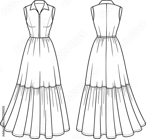 Sleeveless collared tiered dress fashion flat, technical garment illustration, front and back view, zipper bodice, princess seams, pattern making design