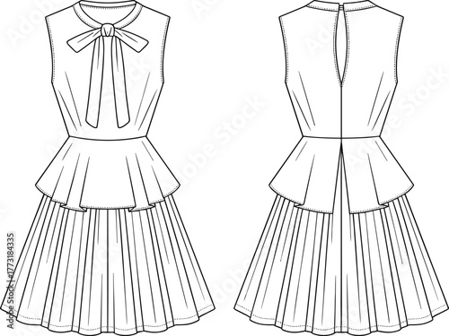 Sleeveless dress flat sketch, bow tie neckline, peplum waist, pleated skirt, keyhole back, technical garment drawing, apparel fashion template illustration