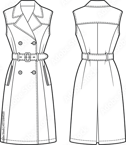 Sleeveless trench coat dress flat sketch, double breasted design, belted waist, notched lapel, technical garment drawing, apparel fashion template illustration