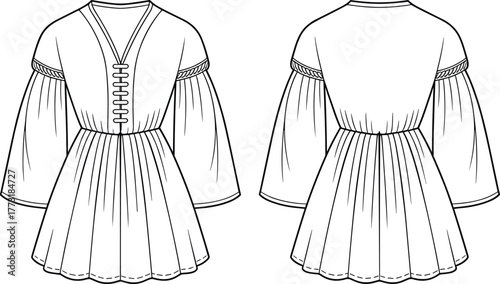 Technical fashion flat illustration of long sleeve dress with V neckline, loop placket, gathered waist, scalloped hem, front and back view