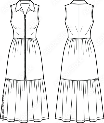 Technical fashion flat illustration of sleeveless collared dress with front zipper, fitted bodice, tiered gathered skirt, waistband, front and back view