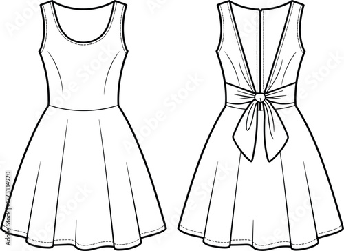 Technical fashion flat illustration of sleeveless dress with scoop neckline, fitted bodice, flared skirt, back bow detail, front and back view