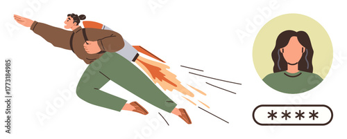 Woman wearing jetpack soaring rapidly, digital profile avatar, and password field. Ideal for concepts thumbs up digital identity, innovation, security, empowerment, speed, access and technology