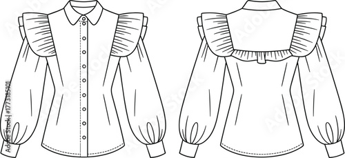 Technical fashion flat illustration of women’s blouse with collar, button front, ruffled shoulder detail, voluminous sleeves, gathered cuffs, front and back view