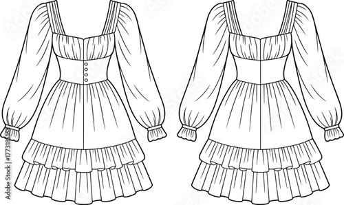 Technical fashion flat illustration of women’s puff sleeve tiered dress with square neckline, ruffled layers, waistband detail, front view garment design