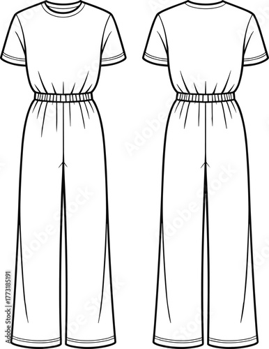 Technical fashion flat illustration of women’s jumpsuit with short sleeves, round neckline, cinched waist, wide leg pants, front and back view