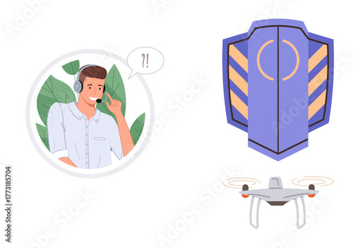 Customer support agent using a headset, quadcopter hovering nearby, and shield icon representing protection. Ideal for technology, customer service, Quadcopter delivery, logistics, privacy