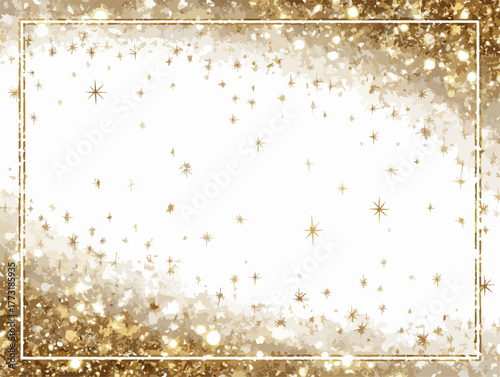 Un fond scintillant doré avec des étoiles et un cadre élégant pour des invitations festives.