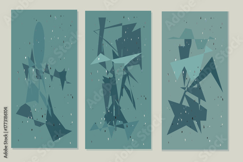 Abstract Geometric Triptych Wall Art Set with Triangles and Snow-like Dots