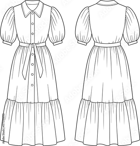 Women’s collared puff sleeve dress fashion flat, technical garment illustration, button front design, waist tie belt, tiered skirt construction drawing