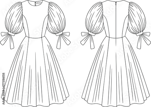 Women’s puff sleeve bow tie dress fashion flat, technical garment illustration, round neckline bodice, flared skirt panels, zipper back construction drawing