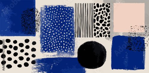 Composition abstraite moderne avec des formes géométriques et des textures audacieuses en bleu et noir