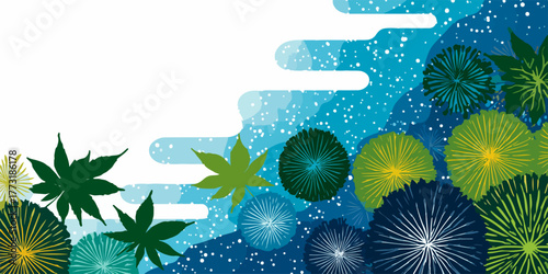 Illustration de style japonais avec feuilles d'érable et motifs abstraits bleus.