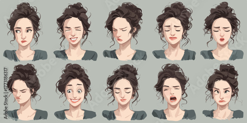 Collection d'expressions faciales d'une jeune femme aux cheveux attachés en chignon, montrant diverses émotions humaines.