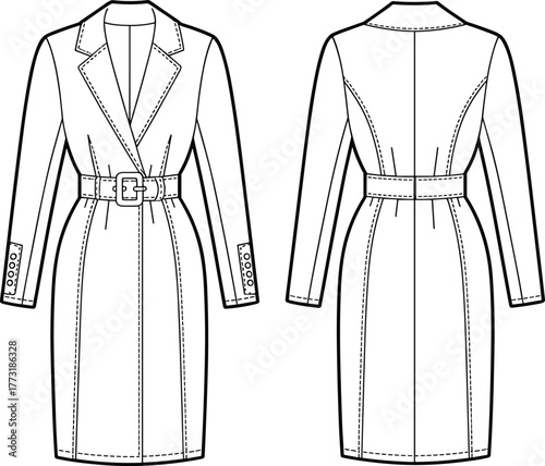 Women’s trench coat flat sketch, technical garment illustration, belted waist design, tailored outerwear vector, fashion apparel drawing, clothing construction template, coat pattern