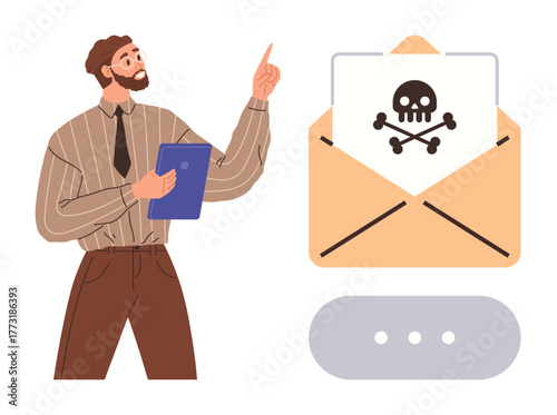 A man holding a tablet points at a cautionary email with skull icon. Ideal for cybersecurity, email safety, fraud detection, phishing awareness, workplace training, data protection, malware risks