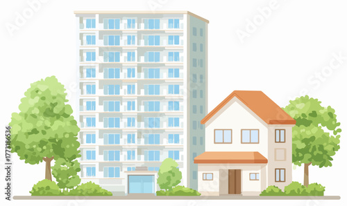 Vecteur d'une tour d'appartements moderne à côté d'une maison familiale entourée d'arbres verts.
