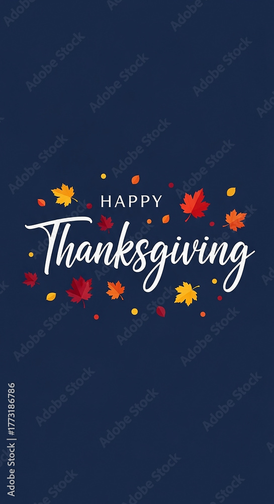 Obraz premium Happy thanksgiving text with autumn leaves and dots on a dark blue background, perfect for holiday greetings and seasonal designs