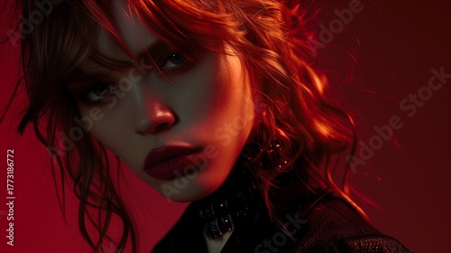 Woman portrait with red lighting and dark makeup