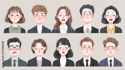 Ensemble d'expressions faciales de personnes fatiguées et stressées au travail, illustration vectorielle.