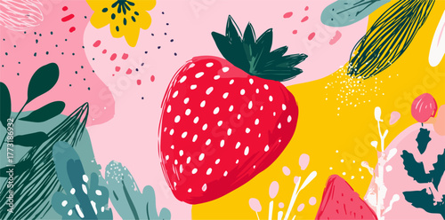 Illustration vectorielle vibrante d'une fraise rouge entourée de fleurs et de feuilles stylisées sur fond coloré.