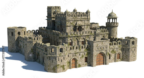 Majestic medieval castle with intricate stone details, towers, and battlements, isolated on white background, evoking a sense of history and architectural grandeur