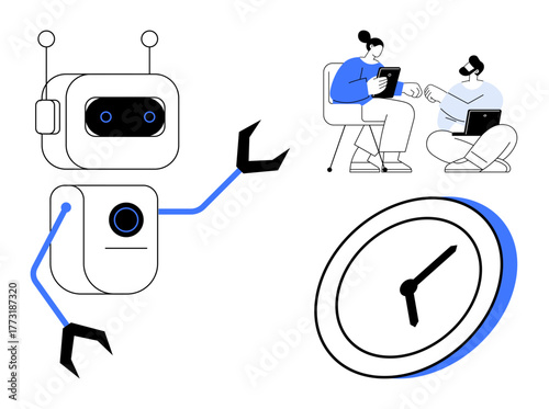 Robot with extended arm, two people collaborating with digital devices, and a clock. Ideal for automation, teamwork, productivity, time planning, collaboration, technology innovative solutions
