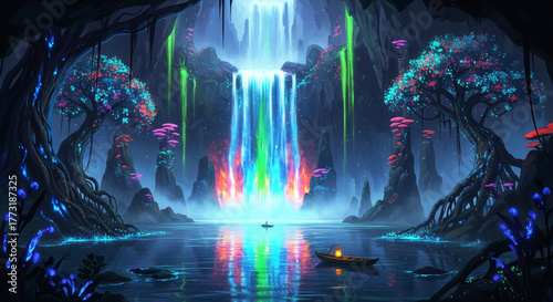 A breathtaking fantasy landscape unfolds with a vibrant waterfall cascading into a serene lake, surrounded by bioluminescent flora and mystical trees, creating an ethereal scene