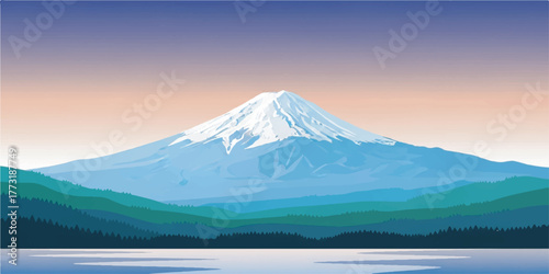 Scenic Mount Fuji artwork featuring a snow-capped peak, smooth gradient sky, and layered shapes