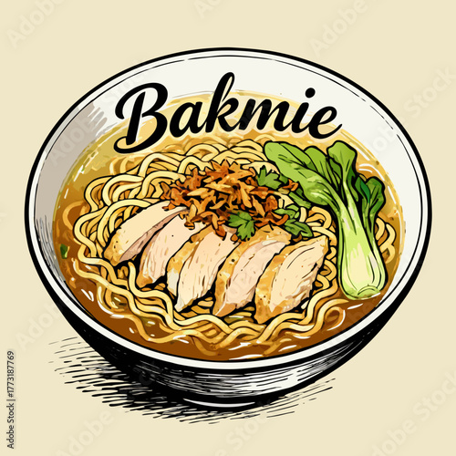 A detailed vector illustration of a traditional Indonesian Bakmie noodle soup bowl with chicken, bok choy, and fried shallots