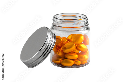 a jar filled with orange pills on a white surface
