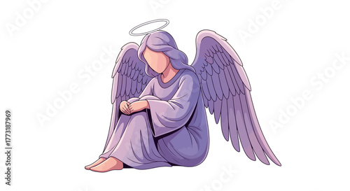 Pensive Angel Illustration with Wings and Halo on White Background