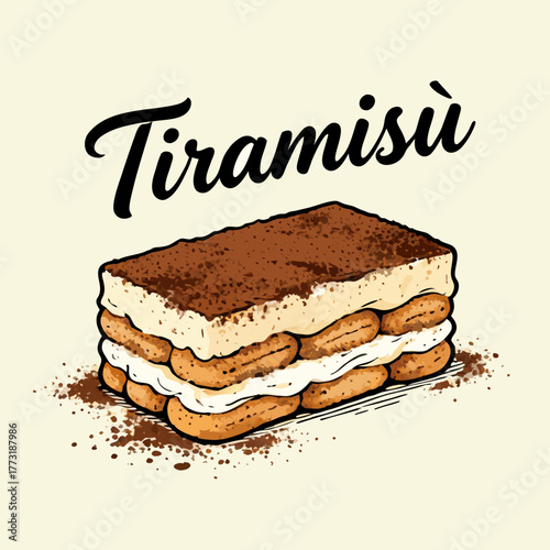 Classic Italian Tiramisu dessert slice vector illustration, a sweet treat with layers of cream and cocoa