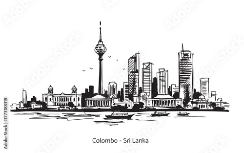 Colombo Sri Lanka City Skyline Waterfront Engraving Vector Illustration
