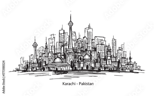 Karachi Pakistan Dense City Skyline Sketch Engraving Vector Illustration