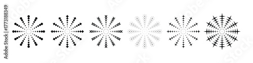 Set of Six Radial Burst Starburst Arrow Icons for Explosion, Impact, and Energy