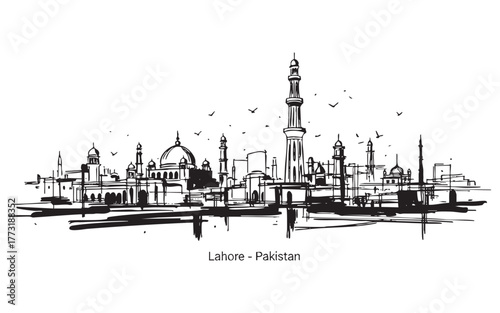 Lahore Pakistan Historic City Skyline Engraving Vector Illustration