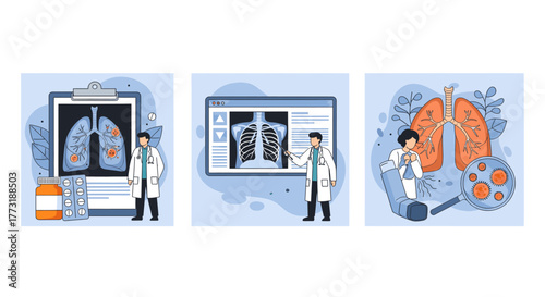 Doctors examining lung xray and illustration of lungs with cells, medical concept