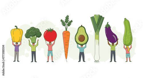 A group of people holding up various fresh vegetables and fruits, celebrating healthy eating and nutrition