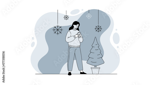 Sad woman checks phone next to a Christmas tree Loneliness and winter holiday blues concept